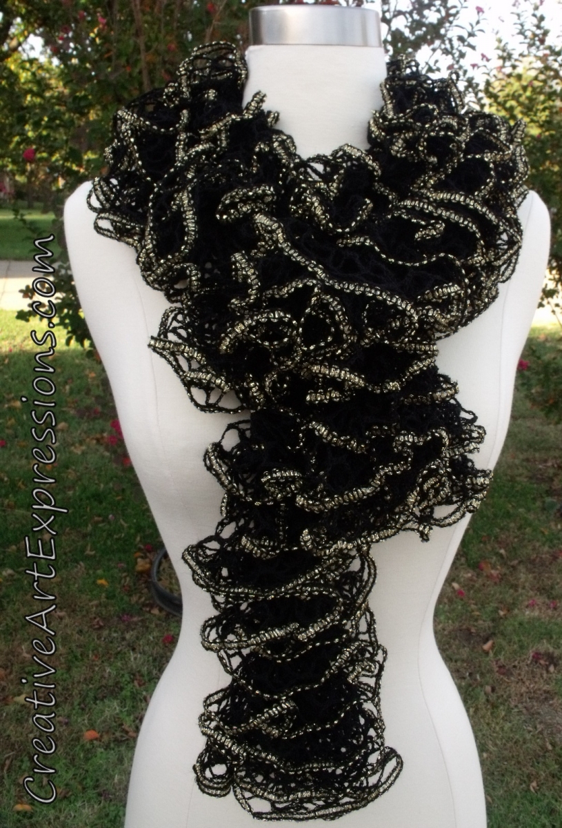 Creative Art Expressions Hand Knitted Black & Gold Ruffle Scar